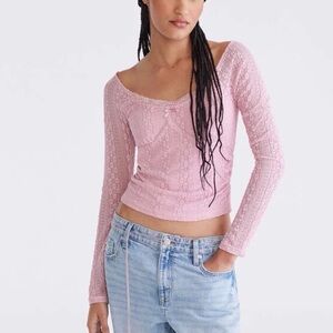 Aeropostale Size LARGE Pink Stretch Lace Ditzy Floral Babydoll Coquette Bow Top